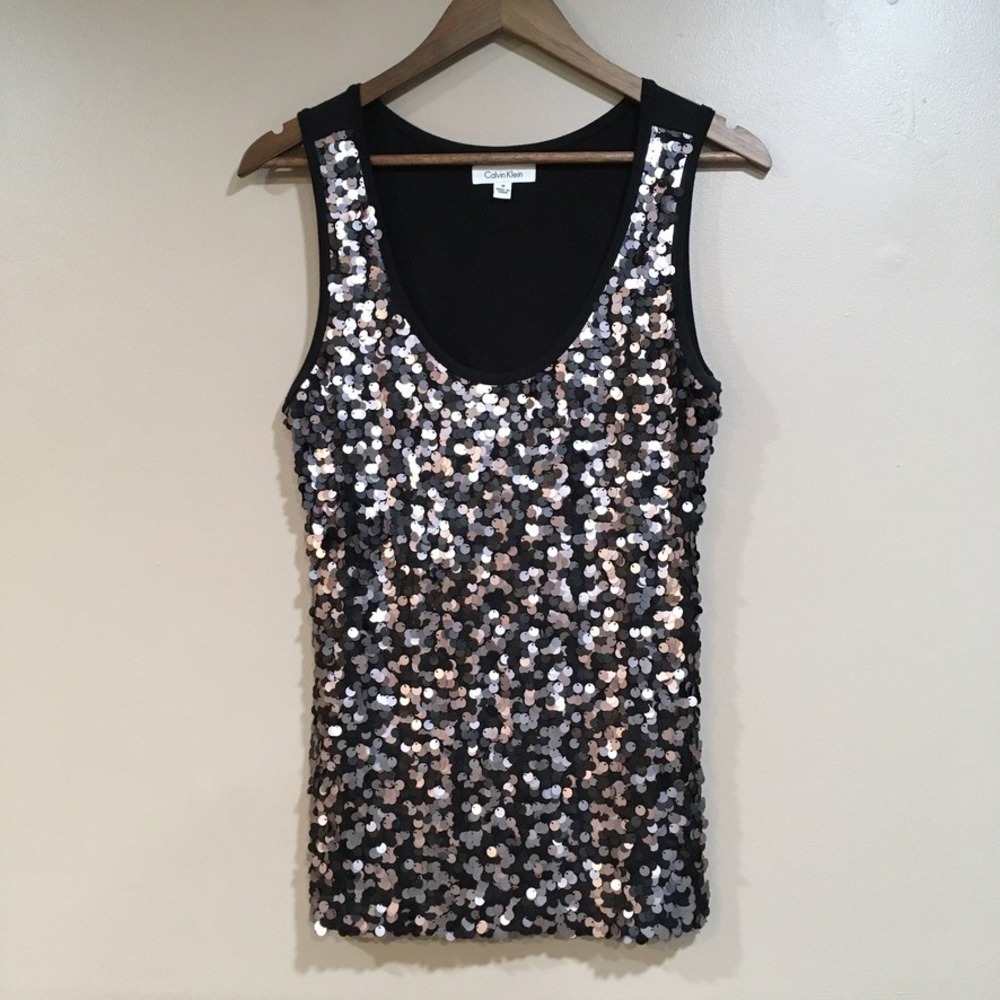 Calvin Klein Sequin Sleeveless Tank Top Womens M Black Silver Party Club Holiday